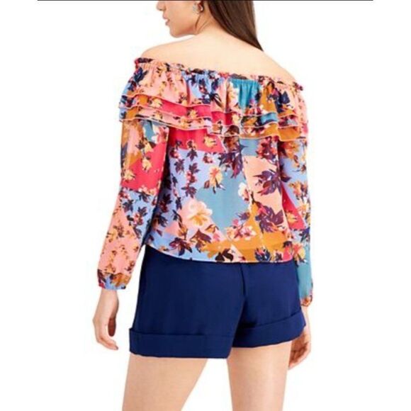 Bar III Off The Shoulder Blouse Top Women's SMALL Pink Blue White Floral Ruffles - Picture 11 of 11
